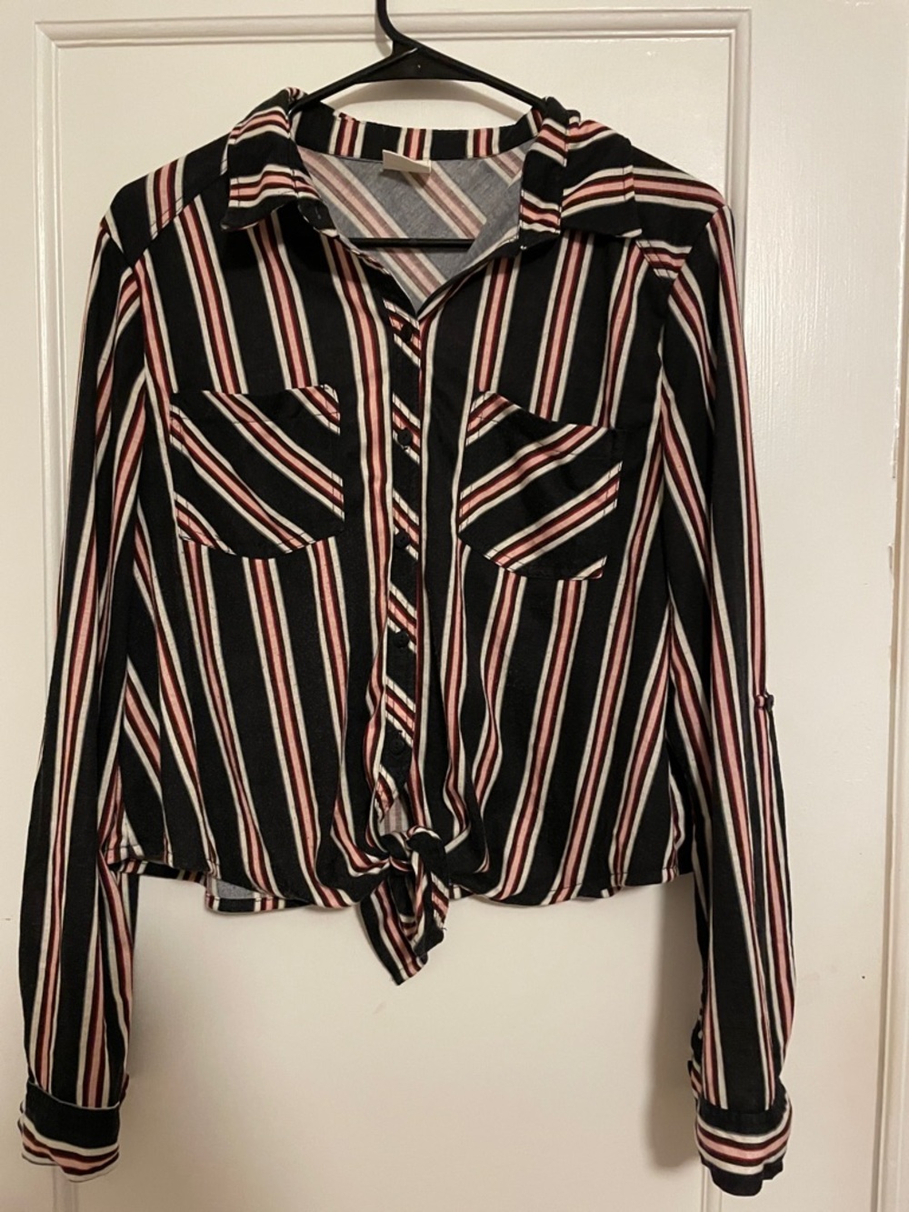 Passport Black Striped Tie-Front Button-Down Shirt